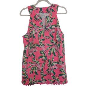 Crown & Ivy Flamingo Top Womens Size Large Hot Pink Tropical Pom Pom Stretch
